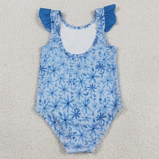 Baby Girls Swimsuits Flutter Sleeve Blue Flowers One Piece Bummies Swimsuits S0515