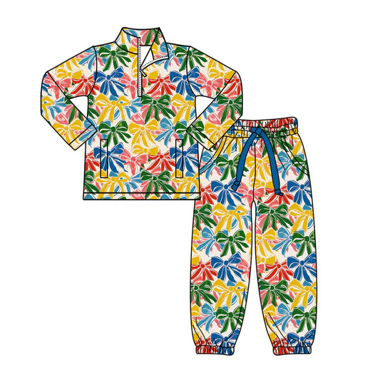 Preorder(moq 8)Baby Girls Colorful Bows Plaid Zipper Pockets Pullovers Jogger Pants Clothes Set 9.29