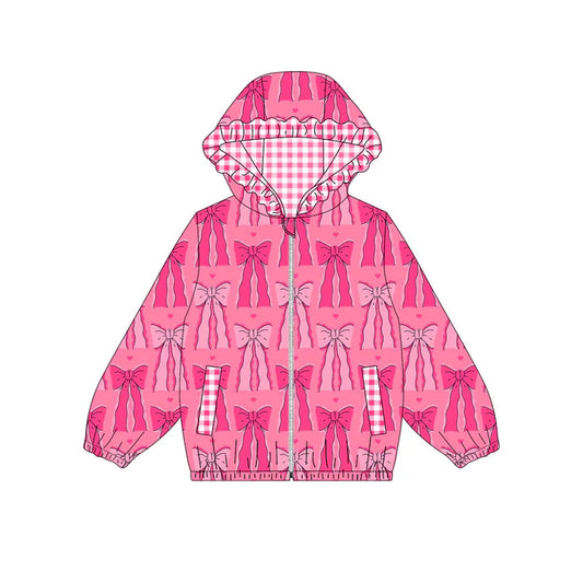 Preorder (moq 5)Baby Girls Hot Pink Bows Pockets Zipper Valentine Ruffle Hoodies Top 9.3