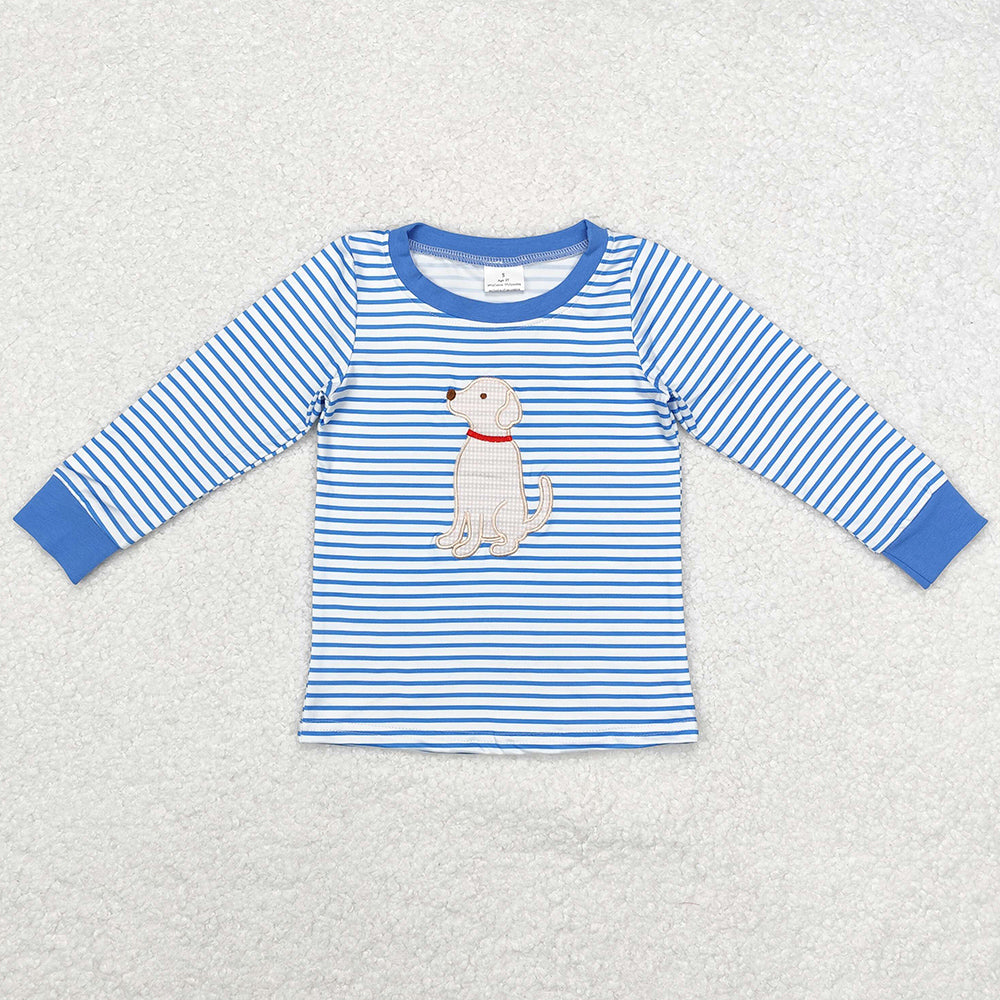 Baby Boys Clothes Blue Stripes Dog Embroidery Long Sleeve Tee Shirts Tops BT0808