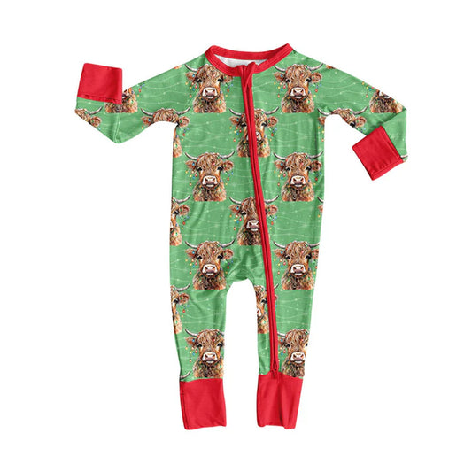 Preorder (moq 8)Baby Boys Lights Highland Cows Christmas Zipper Footie Rompers 9.17