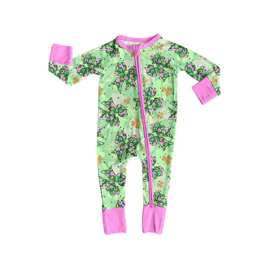 Preorder (moq 8)Baby Girls Green Clovers Bows St Patrick Zipper Footie Rompers 9.22