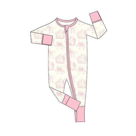 Preorder (moq 8)Baby Girls Pink Flowers Rabbits Easter Zipper Footie Rompers 9.19