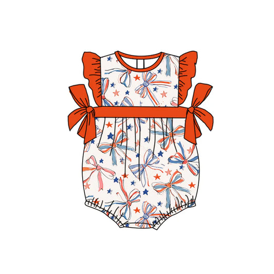 Preorder moq 5 Baby Girls Orange Flutter Sleeves Blue Bows Stars 4th Of July Ruffle Rompers 4.17