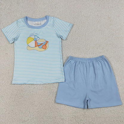 Baby Boys Clothes Embroidery Beach Blue Stripe Top Shorts Clothes Sets GSSO3109 BSSO1834