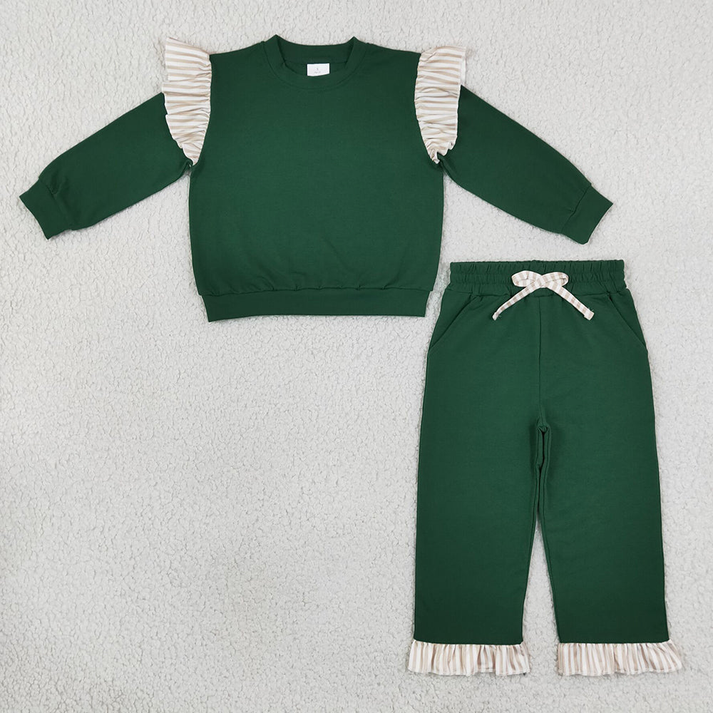 Baby Girls Dark Green Stripe Shirts Top Pockets Ruffle Pant Clothes Set GLP3698