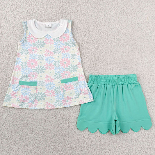 Baby Girls Clothes Colorful Daisy Collar Pockets Tunic Scallop Shorts Clothes Set GSSO3632