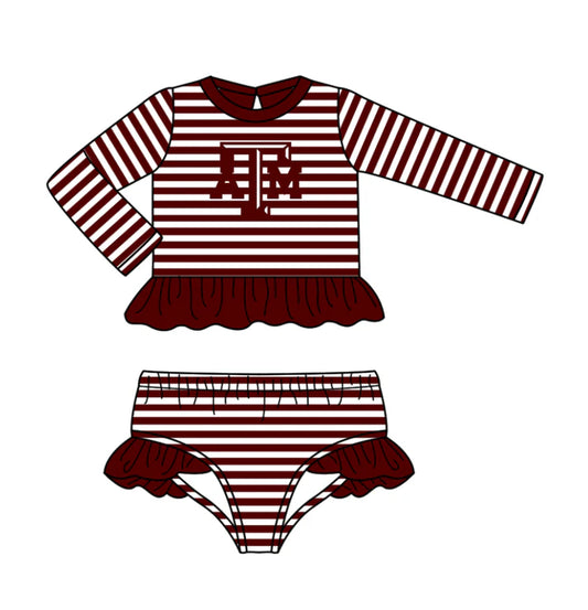 Preorder (moq 5)Baby Girls Dark Red Stripe ATM Ruffle Top Bummies Team 2 Piece Swimsuits 12.25