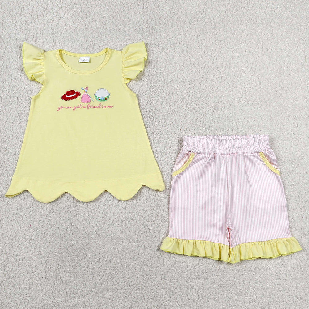 Baby Girls Clothes Embroidery Got a Friend Scallop Tunic Stripe Pockets Short Clothes Sets GSSO3495