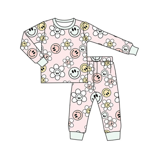 Preorder (moq 5)Baby Girls Pink Long Sleeves Smiles Flowers Top Pant Pajamas Sets 5.16