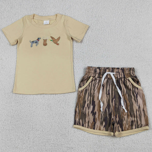 Baby Boys Clothes Embroidery Dog Ducks Deer Top Olive Camo Pockets Shorts Hunting Sets BSSO1927