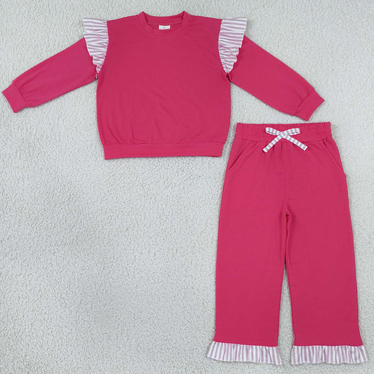 Baby Girls Clothes Watermelon Red Stripe Shirt Top Pockets Ruffle Pant Clothes Set GLP3701