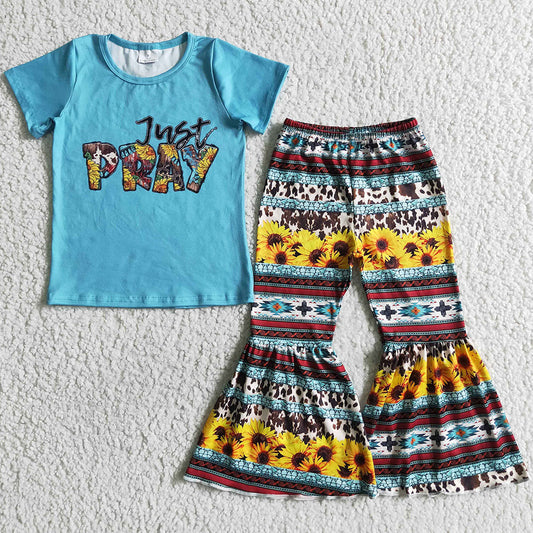 Wholesale Children Clothing Boutique Baby Girl Clothes Short Sleeve T-Shirt Bells Pants Sets GSPO0031