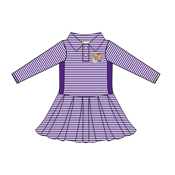 Preorder (moq 5)Baby Girls Long Sleeve Stripe Button LSU Tiger Team Knee Length Dresses 7.22