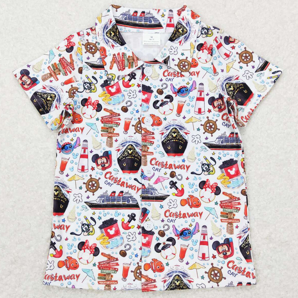 Baby Boys T-shirt Summer Sea Ships Fishes Buttons Short Sleeve Tee Shirts BT0490