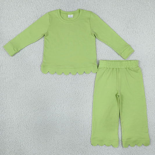 Baby Girls Green Long Sleeve Top Pockets Pant Scallop Clothes Sets GLP3296