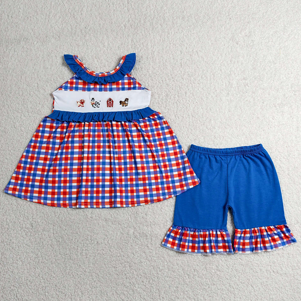 Baby Girls Clothes Embroidery Pigs House Checked Tunic Ruffle Shorts Farm Clothes Sets GSSO3056