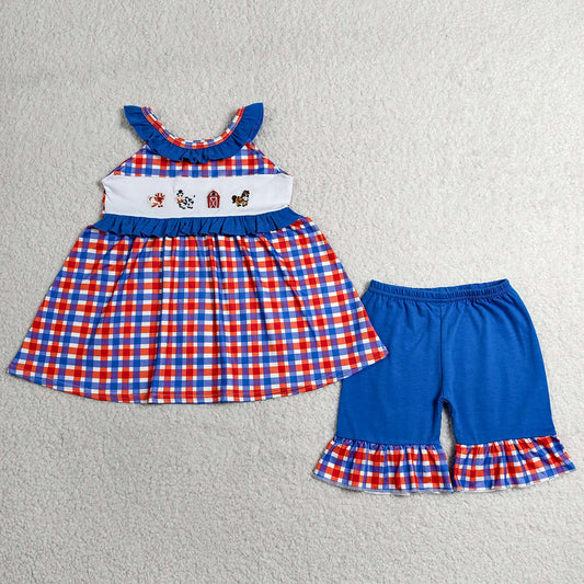 Baby Girls Clothes Embroidery Pigs House Checked Tunic Ruffle Shorts Farm Clothes Sets GSSO3056