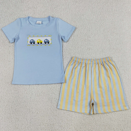 Baby Boys Clothes Embroidery Cars Blue Shirt Top Stripe Shorts Clothes Sets BSSO0617