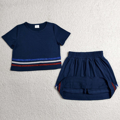 Baby Girls Clothes Navy Short Sleeve Stripe Top Skirt Shorts Slouchy Clothes Sets GSD3811