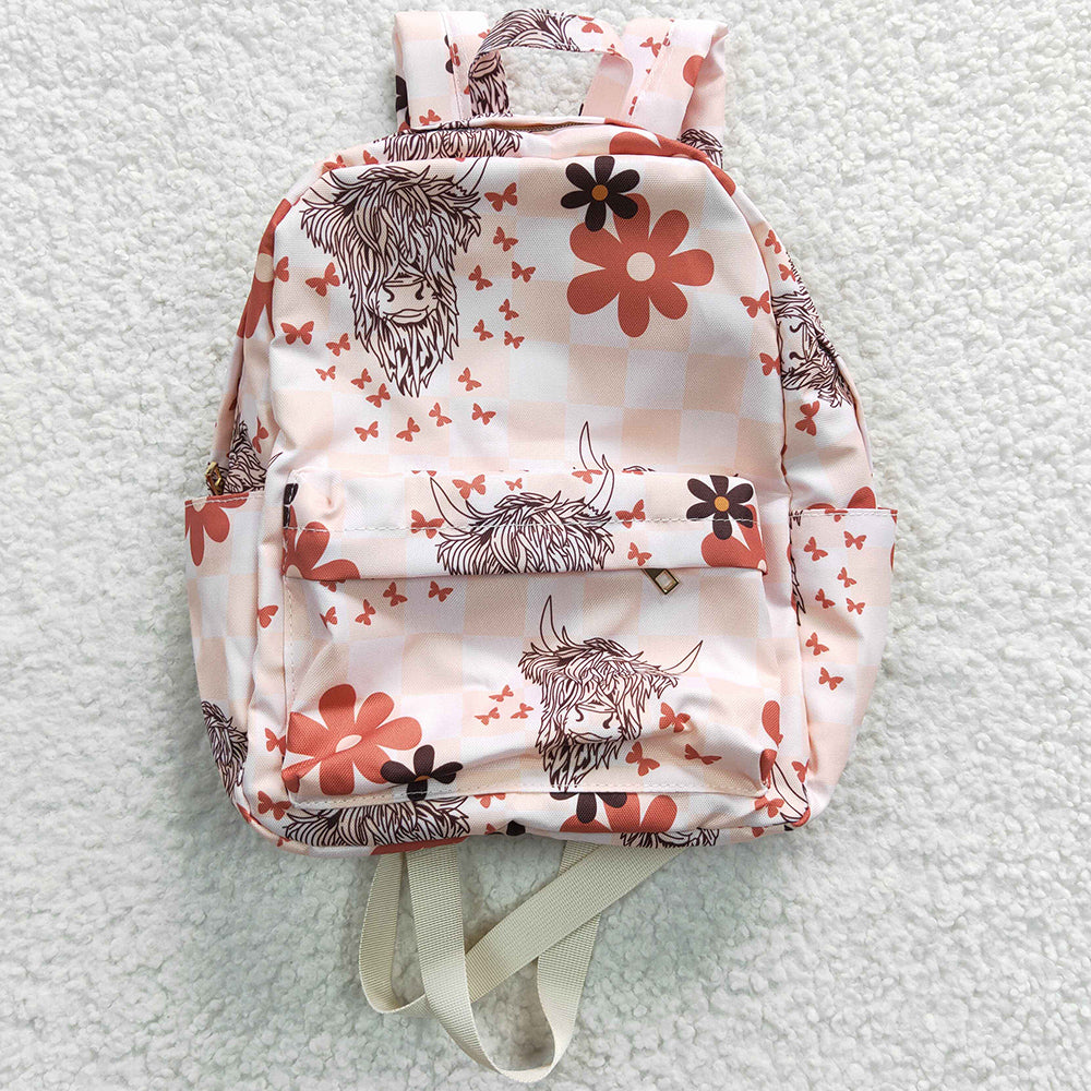 Baby Girls Backpacks Orange Highland Cow Flowers Print Western Kids Backpack BA0074