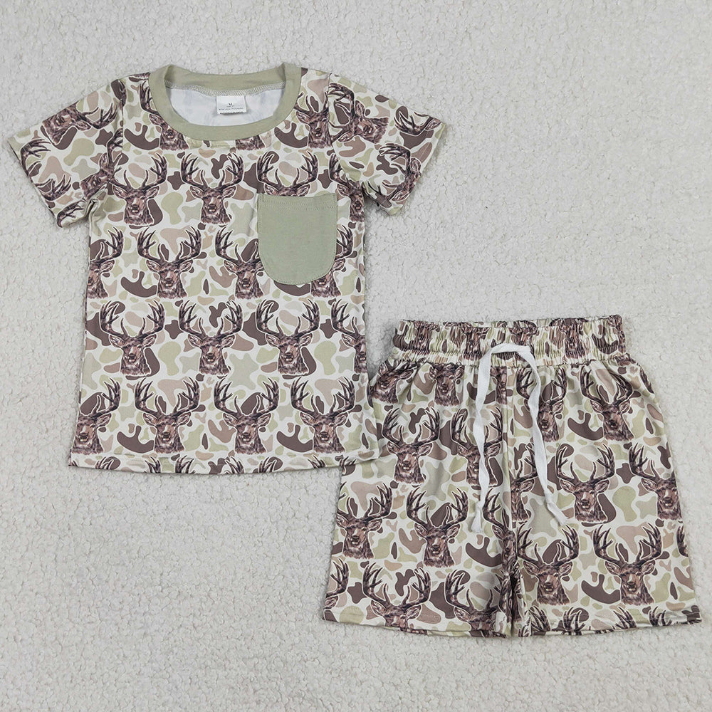 Baby Boys Clothes Southern Khaki Deer Camo Pocket Top Shorts Hunting Clothes Sets BSSO1794