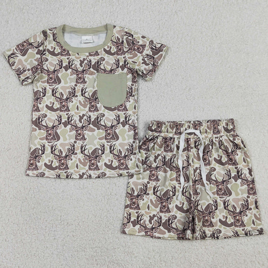 Baby Boys Clothes Southern Khaki Deer Camo Pocket Top Shorts Hunting Clothes Sets BSSO1794