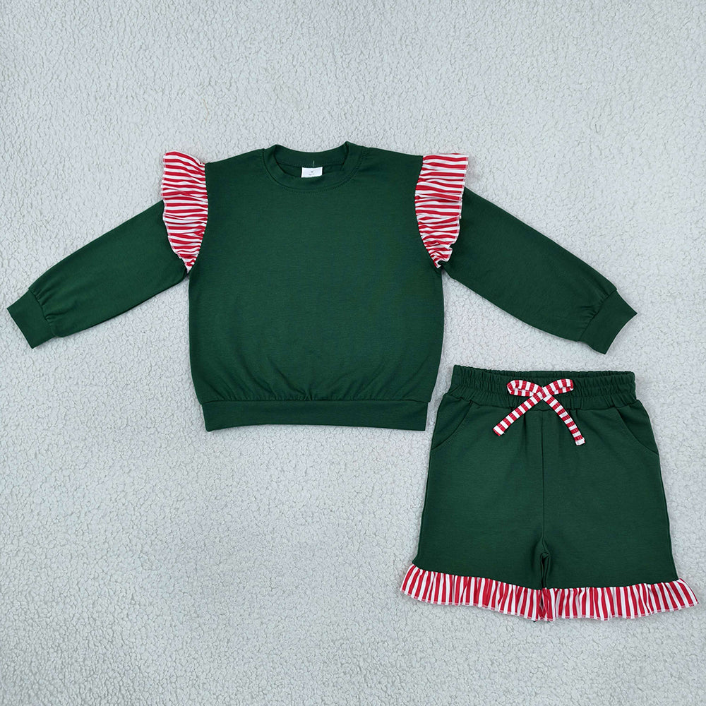 Baby Girls Clothes Green Red Stripe Flutter Sleeve Top Pockets Ruffle Short Clothes Set GLS0223