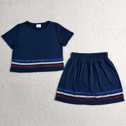 Baby Girls Clothes Navy Short Sleeve Stripe Top Skirt Shorts Slouchy Clothes Sets GSD3811