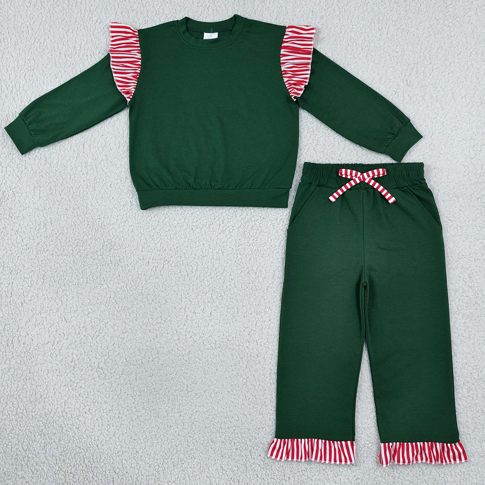 Baby Girls Green Red Stripe Flutter Sleeve Top Pockets Ruffle Pant Clothes Sets GLP3703