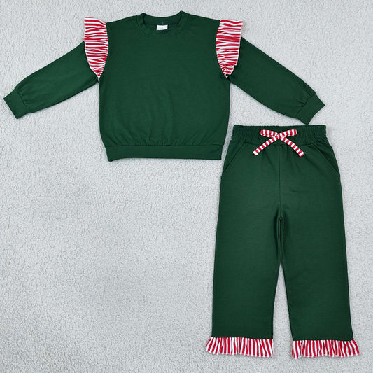 Baby Girls Green Red Stripe Flutter Sleeve Top Pockets Ruffle Pant Clothes Sets GLP3703