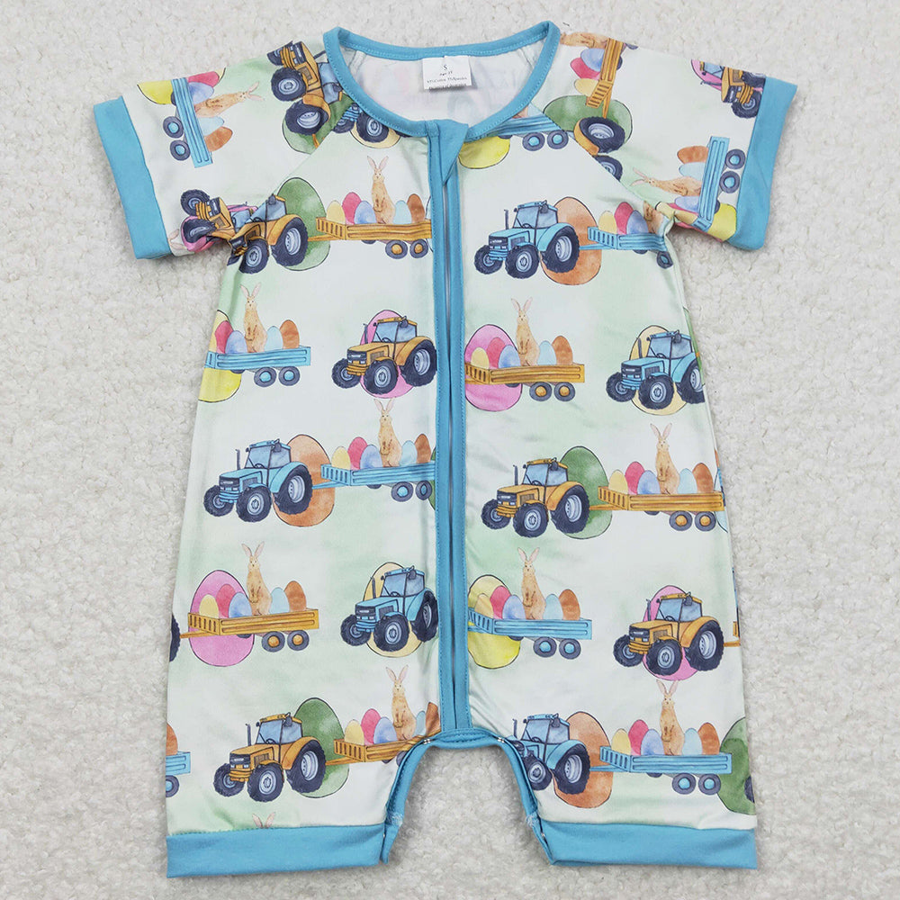 Baby Infant Boys Rompers Easter Rabbit Tractor Zip Short Sleeve Rompers SR0883