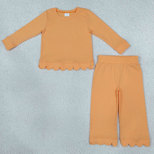 Baby Girls Clothes Orange Long Sleeve Top Pockets Pants Scallop Clothes Sets GLP3295