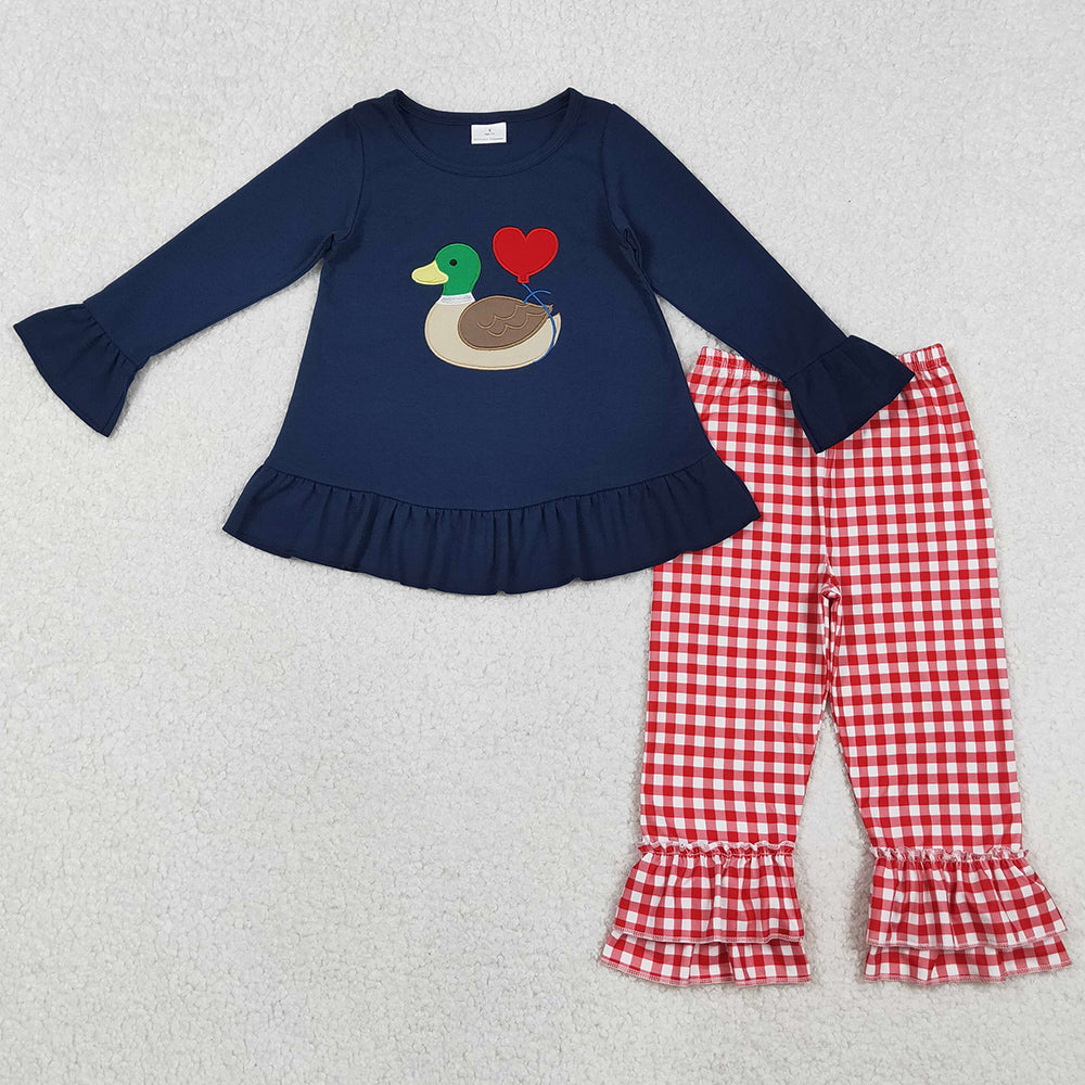 Baby Boys Clothes Embroidery Heart Ducks Navy Tunic Red Checked Pants Valentine Clothes Sets GLP2912 BLP1304 11.1