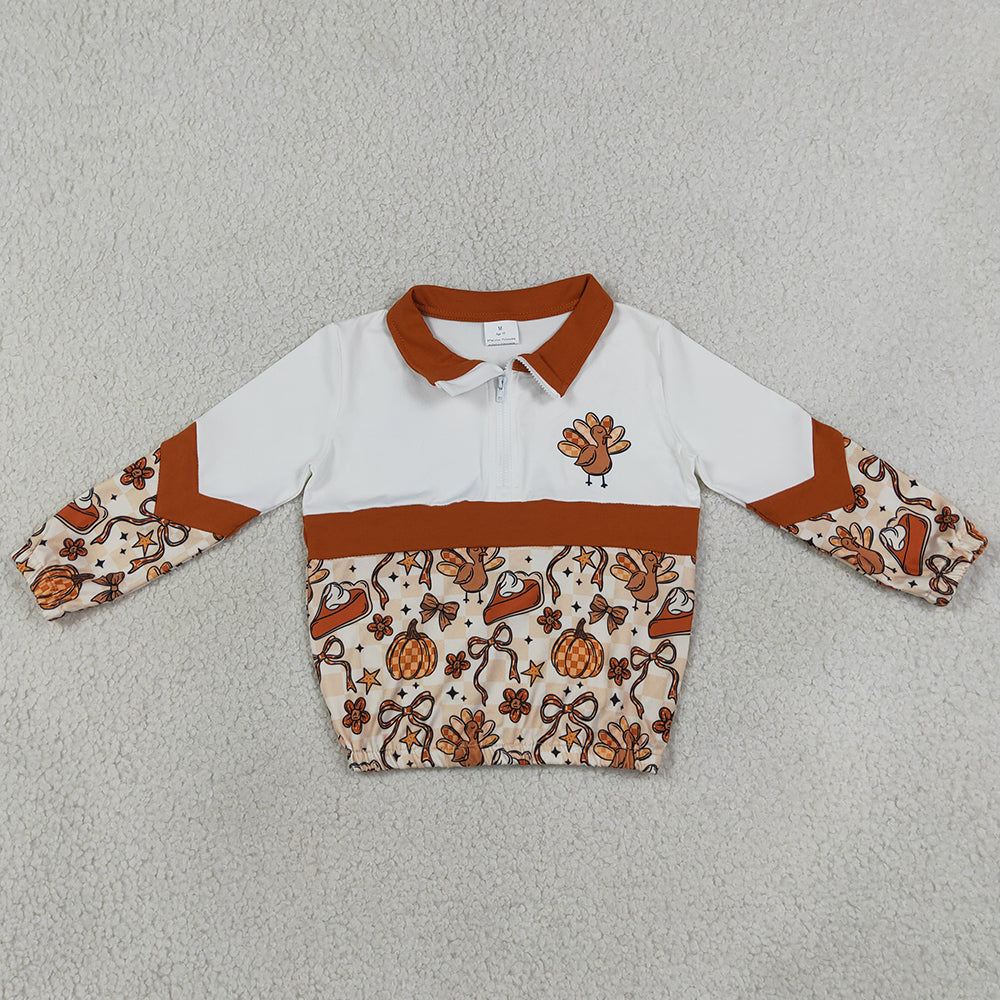 Baby Girls Clothes Turkey Bows Pumpkins Thanksgiving Zip Pullovers Top GT1723