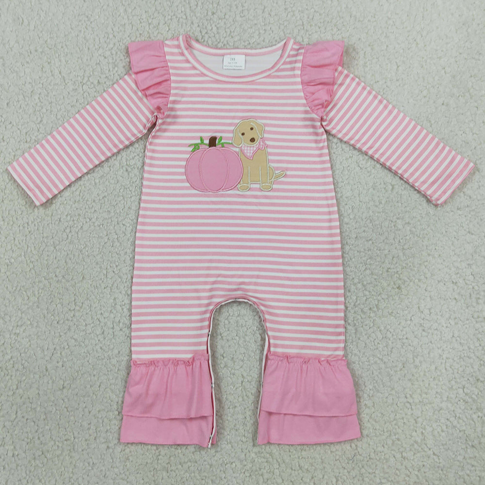 Baby Girls Rompers Embroidery Dogs Pumpkins Pink Stripe Fall Ruffle Pant Rompers LR3140