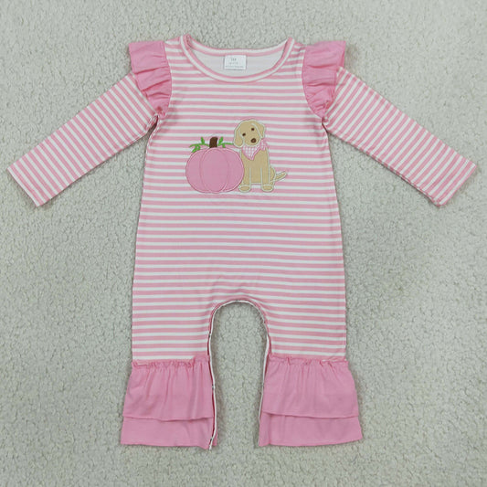 Baby Girls Rompers Embroidery Dogs Pumpkins Pink Stripe Fall Ruffle Pant Rompers LR3140
