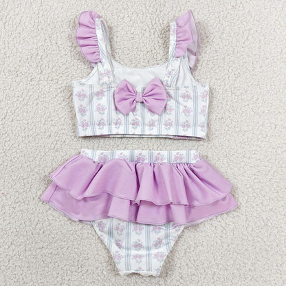 Baby Girls Swimsuits Flowers Stripe Back Bows Top Bummies 2 Piece Swimsuits S0644