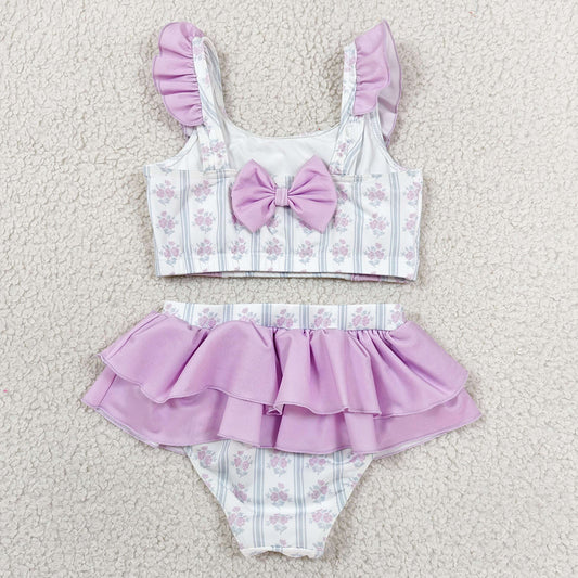 Baby Girls Swimsuits Flowers Stripe Back Bows Top Bummies 2 Piece Swimsuits S0644