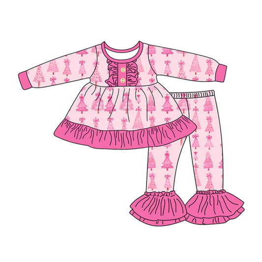 Preorder (moq 5)Baby Girls Long Sleeves Pink Bows Christmas Trees Button Tunic Bell Bottom Pants Set 7.26