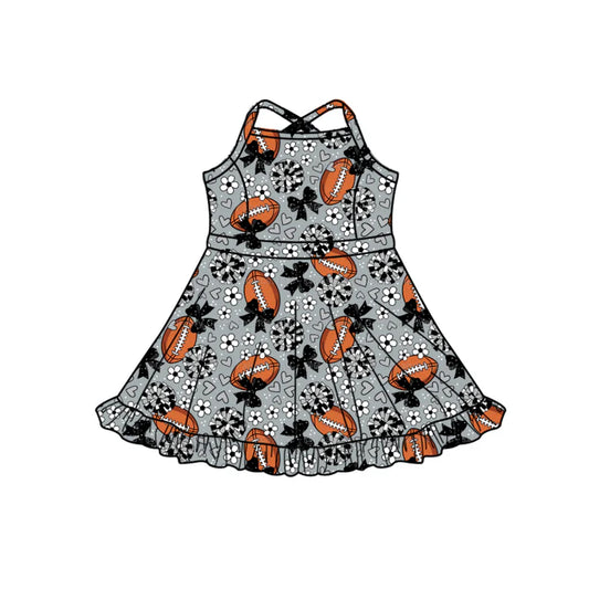 Preorder (moq 5)Baby Girls Strap Grey Hearts Footballs Team Shorts Ruffle Knee Length Dress 1.13