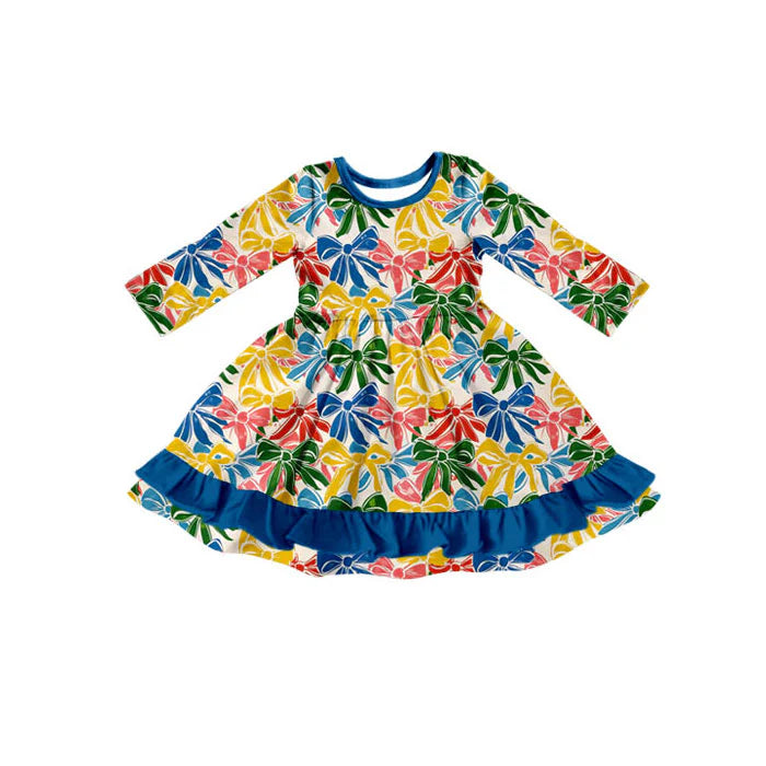 Preorder(moq 8)Baby Girls Colorful Bows Plaid Ruffle Knee Length Dresses 9.29