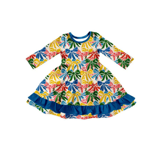 Preorder(moq 8)Baby Girls Colorful Bows Plaid Ruffle Knee Length Dresses 9.29