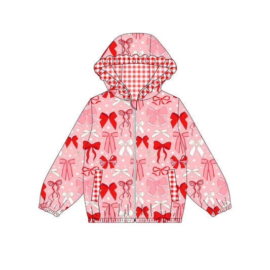 Preorder (moq 5)Baby Girls Pink Bows Stars Pockets Zipper Valentine Ruffle Hoodies Top 9.3