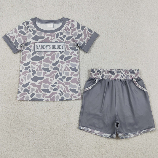 Kids Boys Clothing Embroidery Daddy's Buddy Light Grey Camo Top Pockets Shorts Clothes Sets BSSO1838