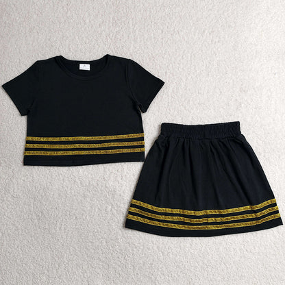 Baby Girls Clothes Black Short Sleeve Gold Stripe Top Skirt Short Slouchy Clothes Sets GSD4108