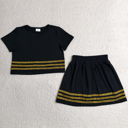 Baby Girls Clothes Black Short Sleeve Gold Stripe Top Skirt Short Slouchy Clothes Sets GSD4108