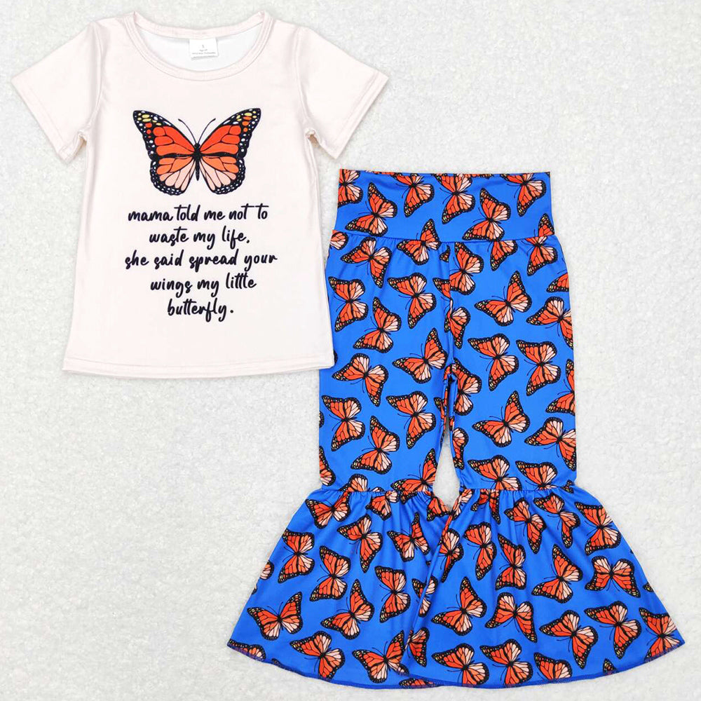 Baby Girls Clothes Butterfly Top Bell Bottom Pants Boutique Sets GSPO0954