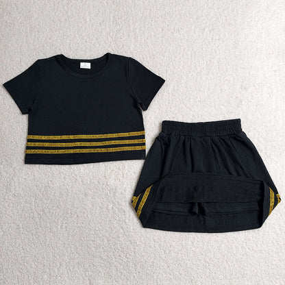 Baby Girls Clothes Black Short Sleeve Gold Stripe Top Skirt Short Slouchy Clothes Sets GSD4108