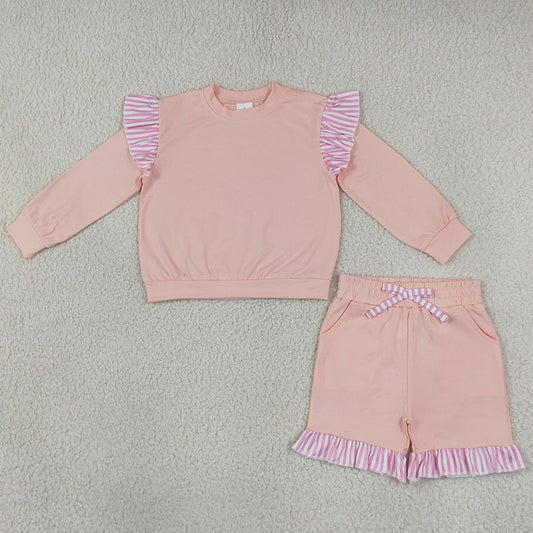 Baby Girls Light Pink Stripe Flutter Sleeve Top Pockets Ruffle Short Clothes Set GLS0222